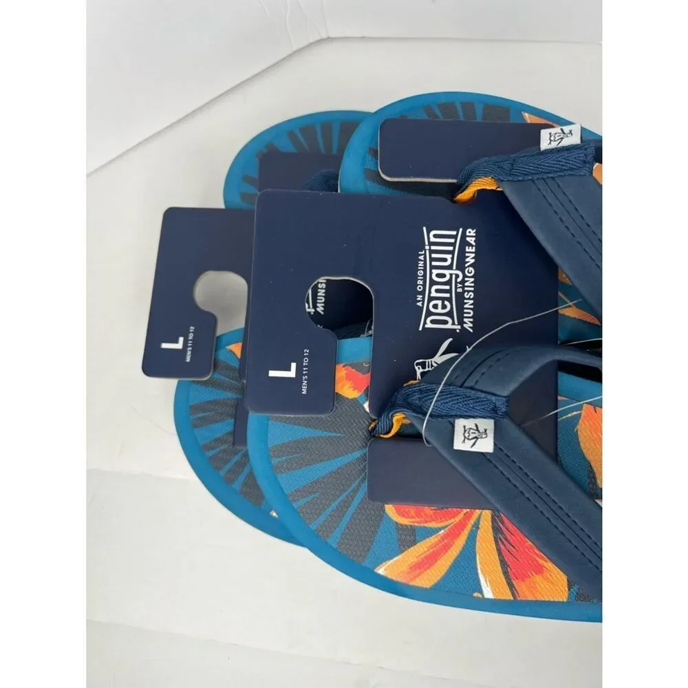 New Original Penguin Navy & Orange Tropical Floral Men's Flip Flops Various Sz